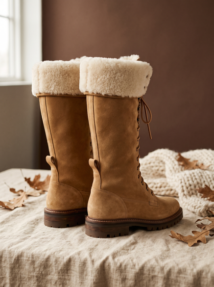 Tan shearling suede boots on oat linen