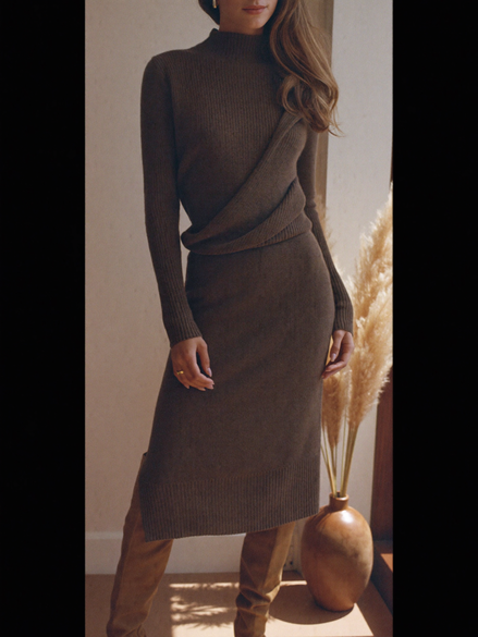 Shapelyu best sellers — knit dress styled with tall camel suede boots