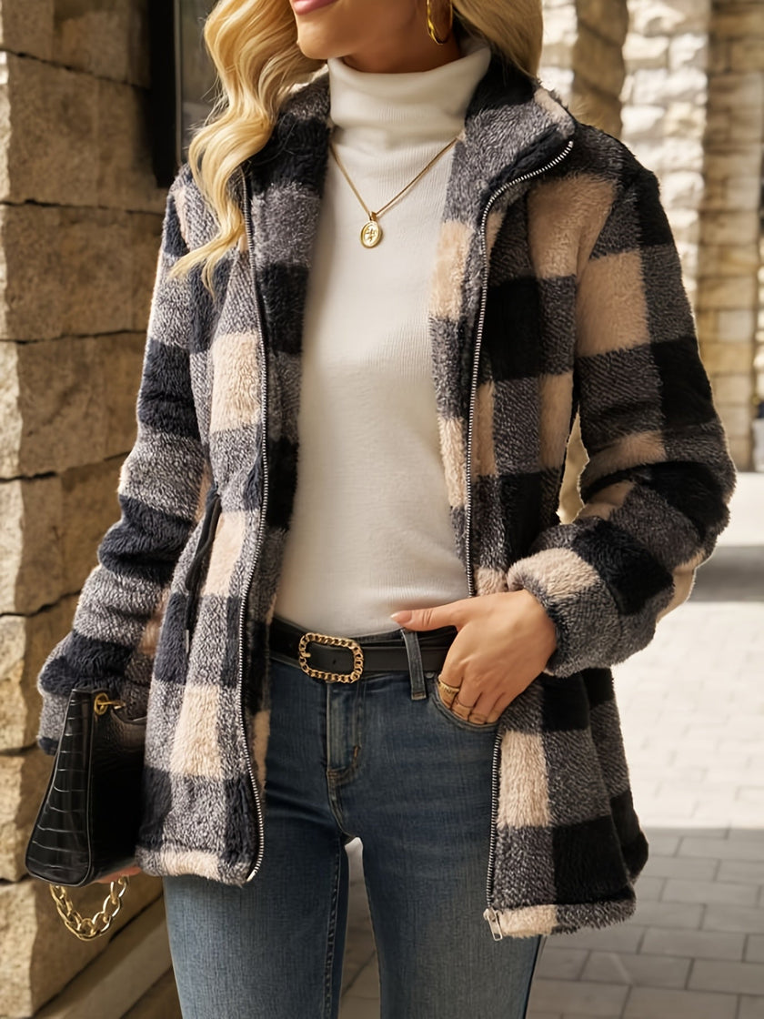 Women's Hooded Fleece Jacket, Plush Checked Zip Up Jacket with Pockets, S-XL