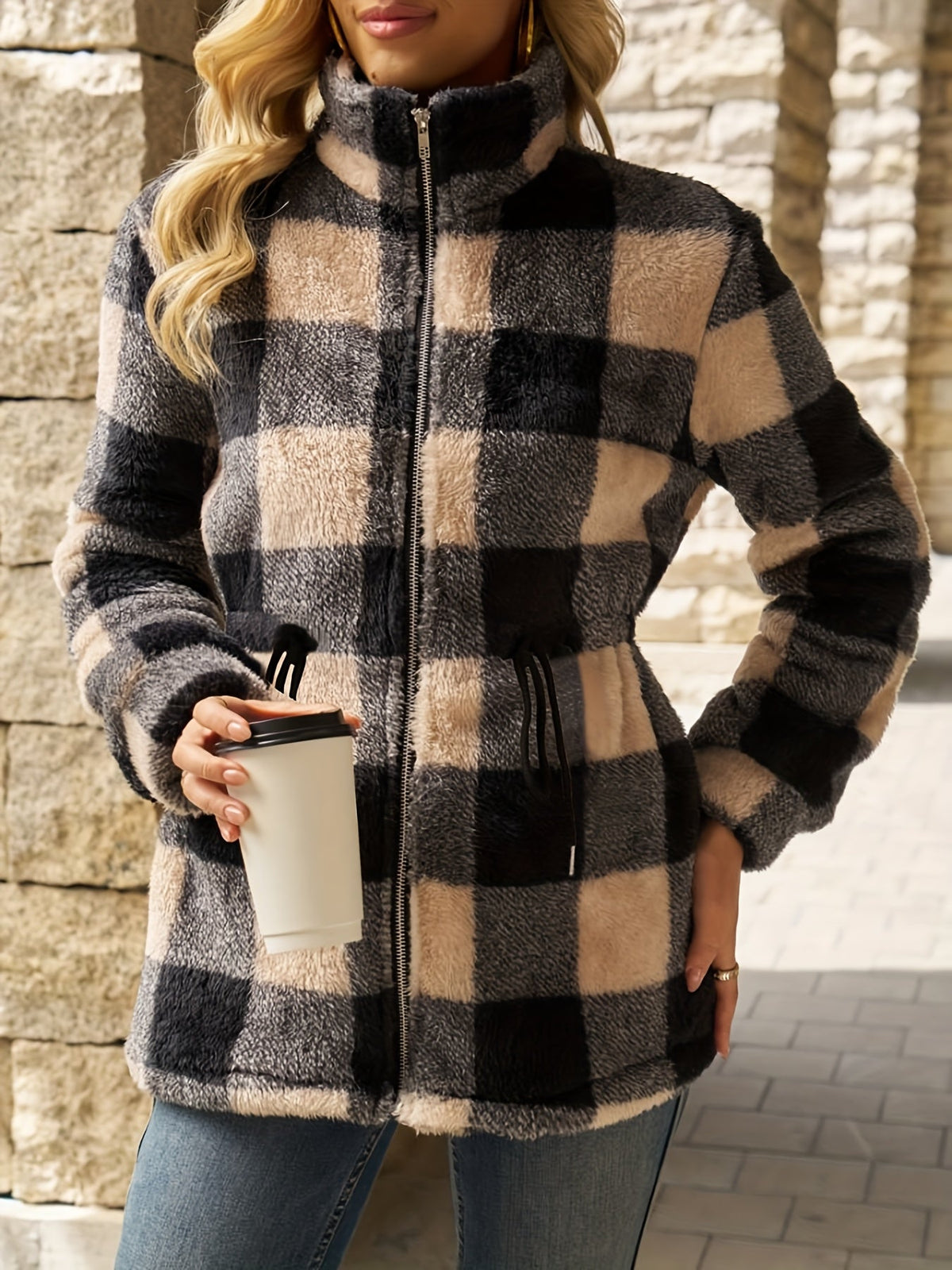 Women's Hooded Fleece Jacket, Plush Checked Zip Up Jacket with Pockets, S-XL