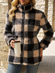 Women's Hooded Fleece Jacket, Plush Checked Zip Up Jacket with Pockets, S-XL