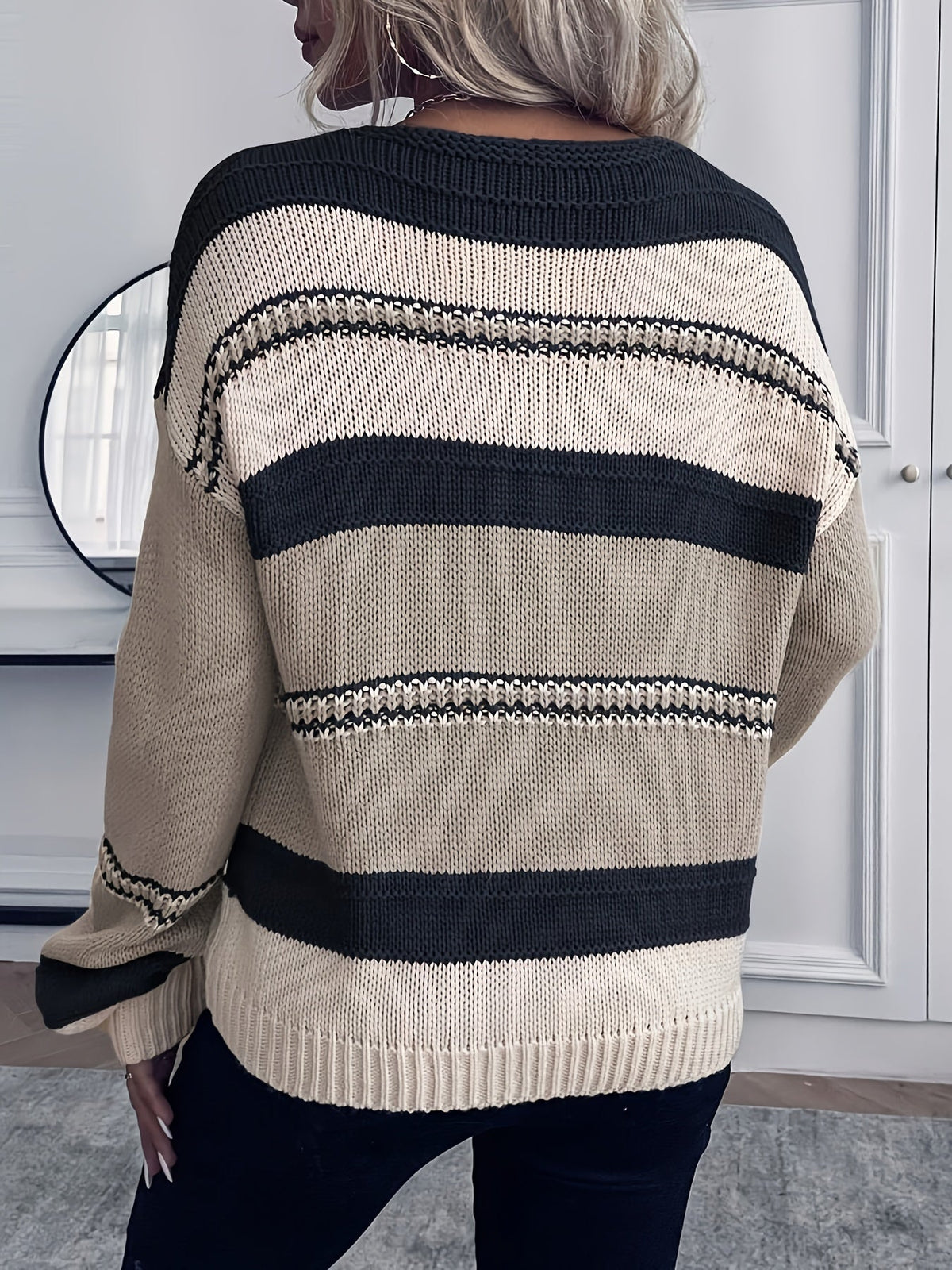 Women's V Neck Sweater, Colorblock Striped Knit Pullover, S-2XL