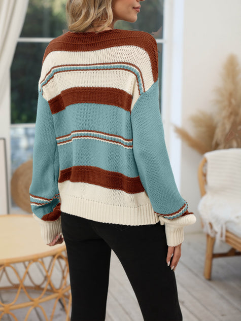 Women's V Neck Sweater, Colorblock Striped Knit Pullover, S-2XL