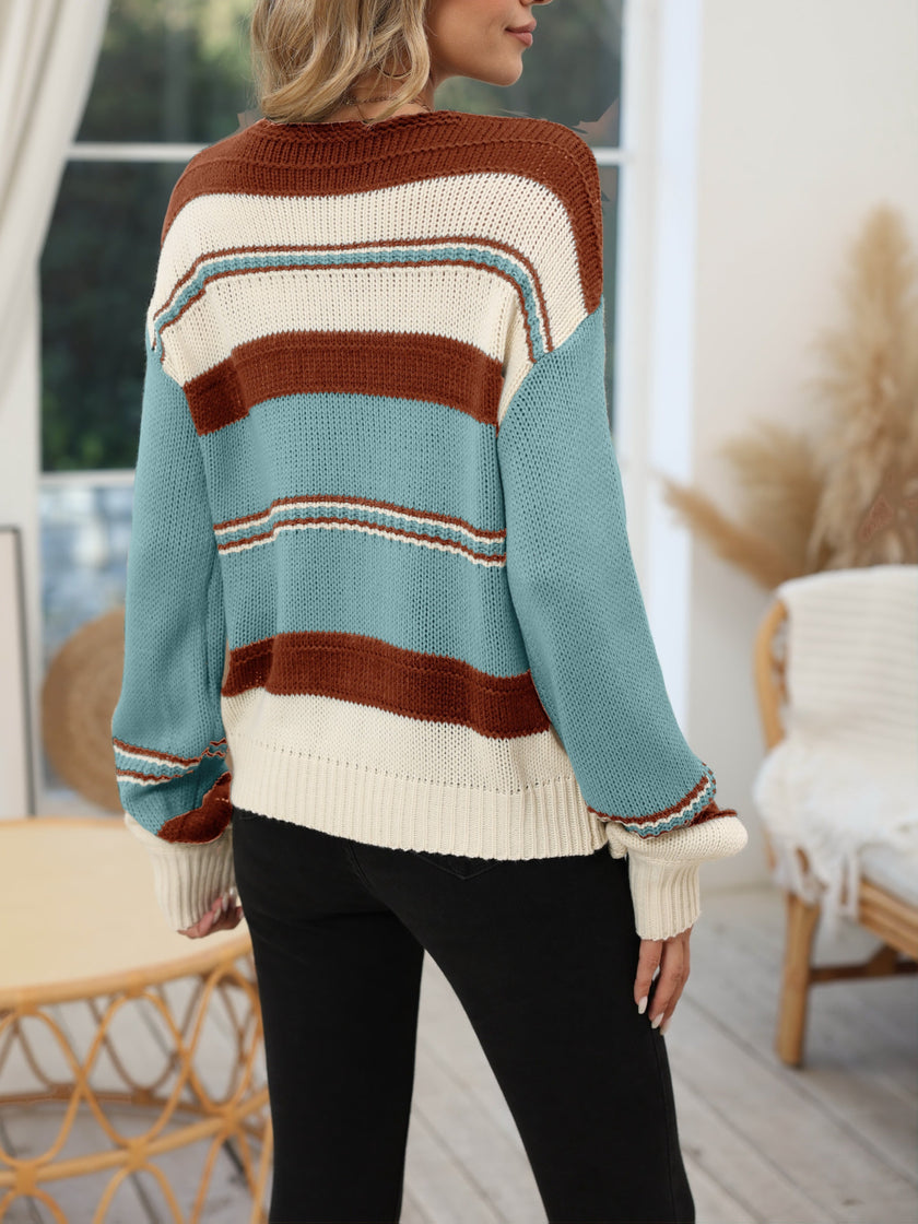 Women's V Neck Sweater, Colorblock Striped Knit Pullover, S-2XL