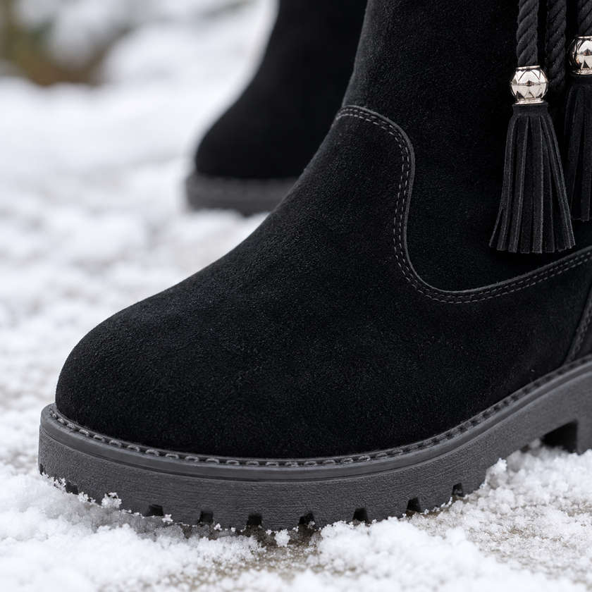 black fur boots for women, fleece lined mid calf winter boots