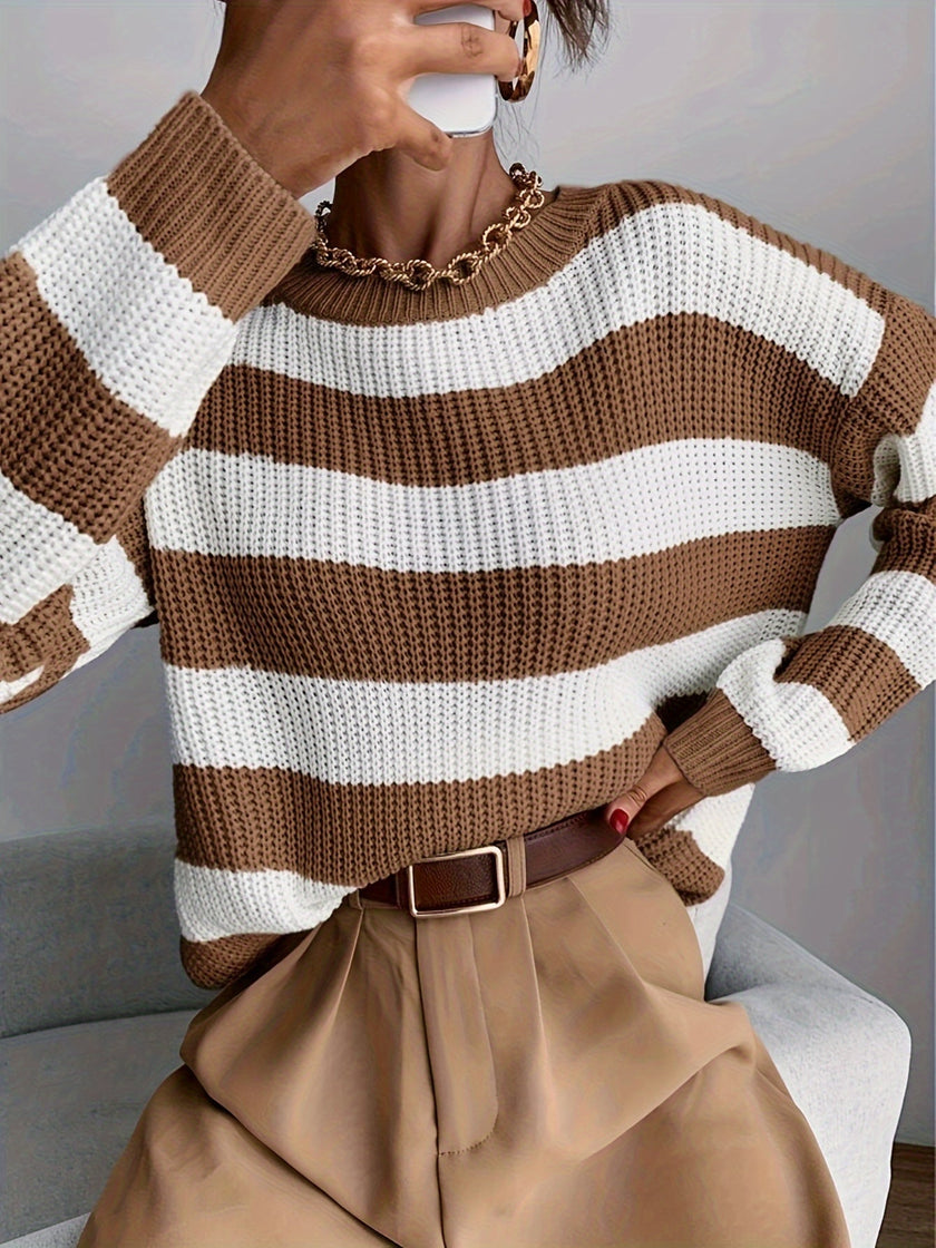 Women's Striped Sweater, Relaxed Drop Shoulder Knit Pullover, S-XL