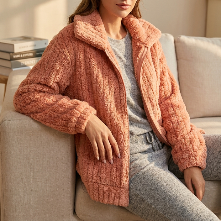v2 Pink Isadora fluffy cardigan seated in a sunlit living room