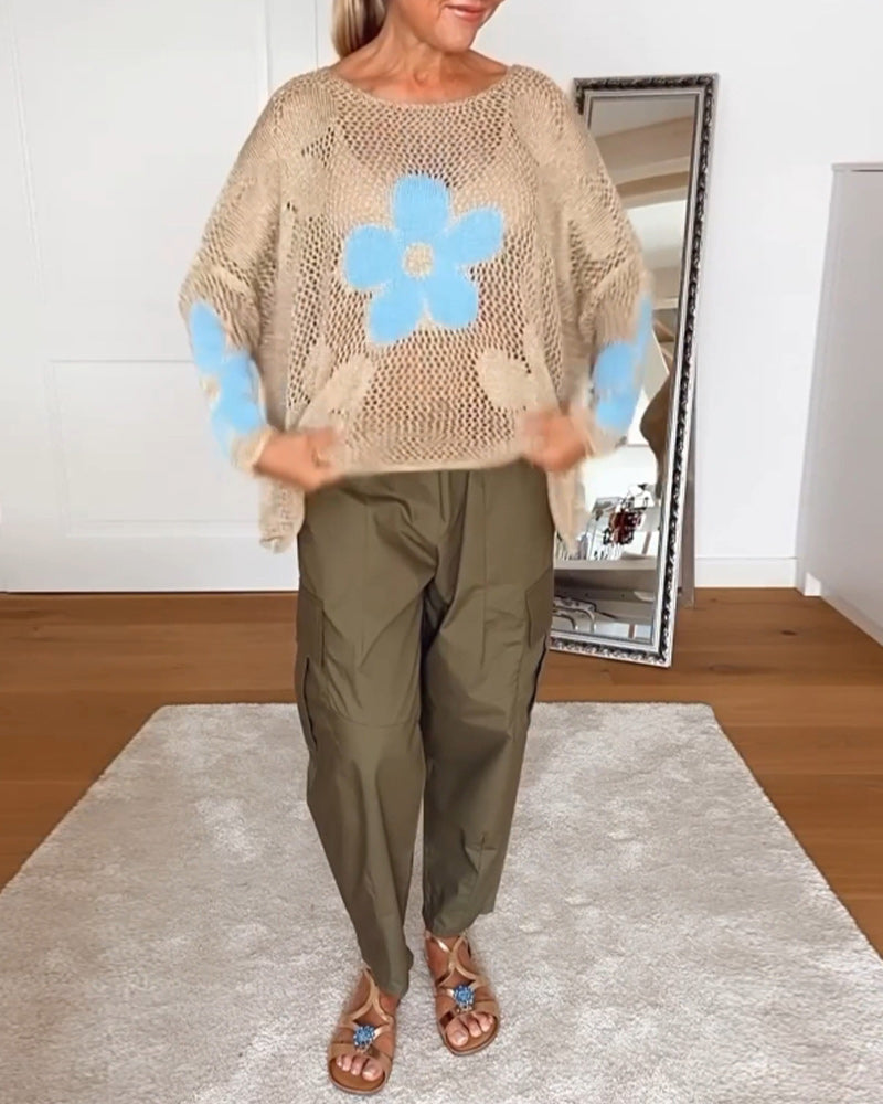 Bloom Crochet Top Floral Open Weave Long Sleeve