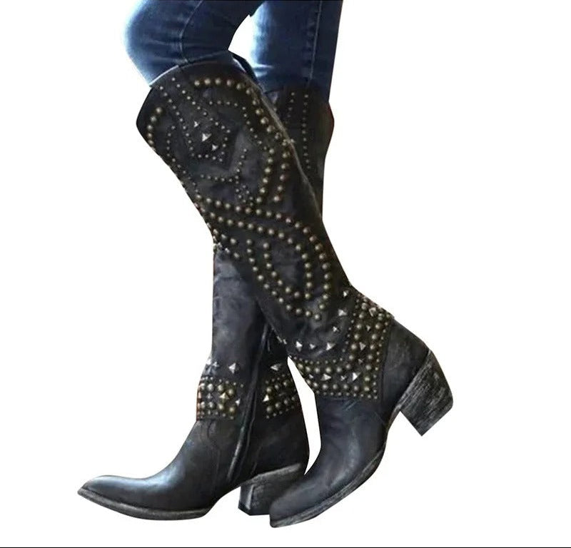 Riloh Knee High Boots Pointed Toe Block Heel