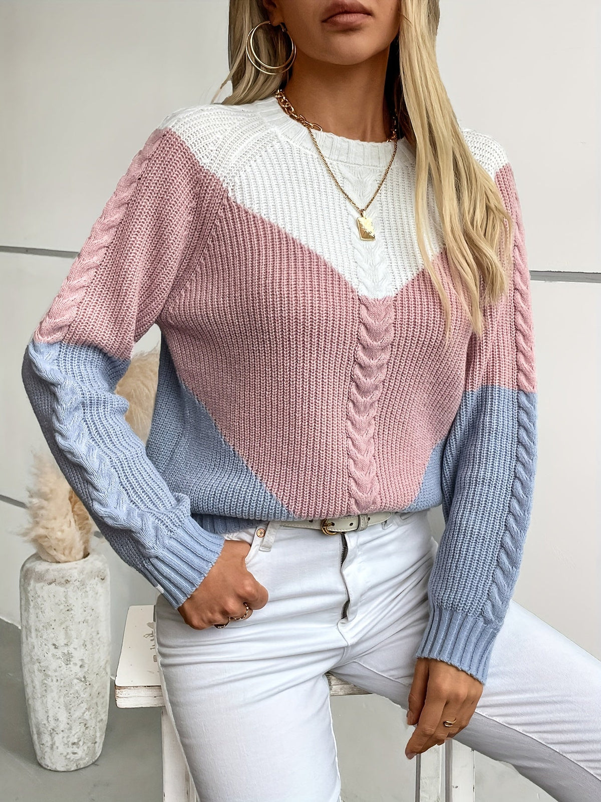 Women's Colorblock Sweater, Relaxed Crew Neck Knit Pullover, S-XL