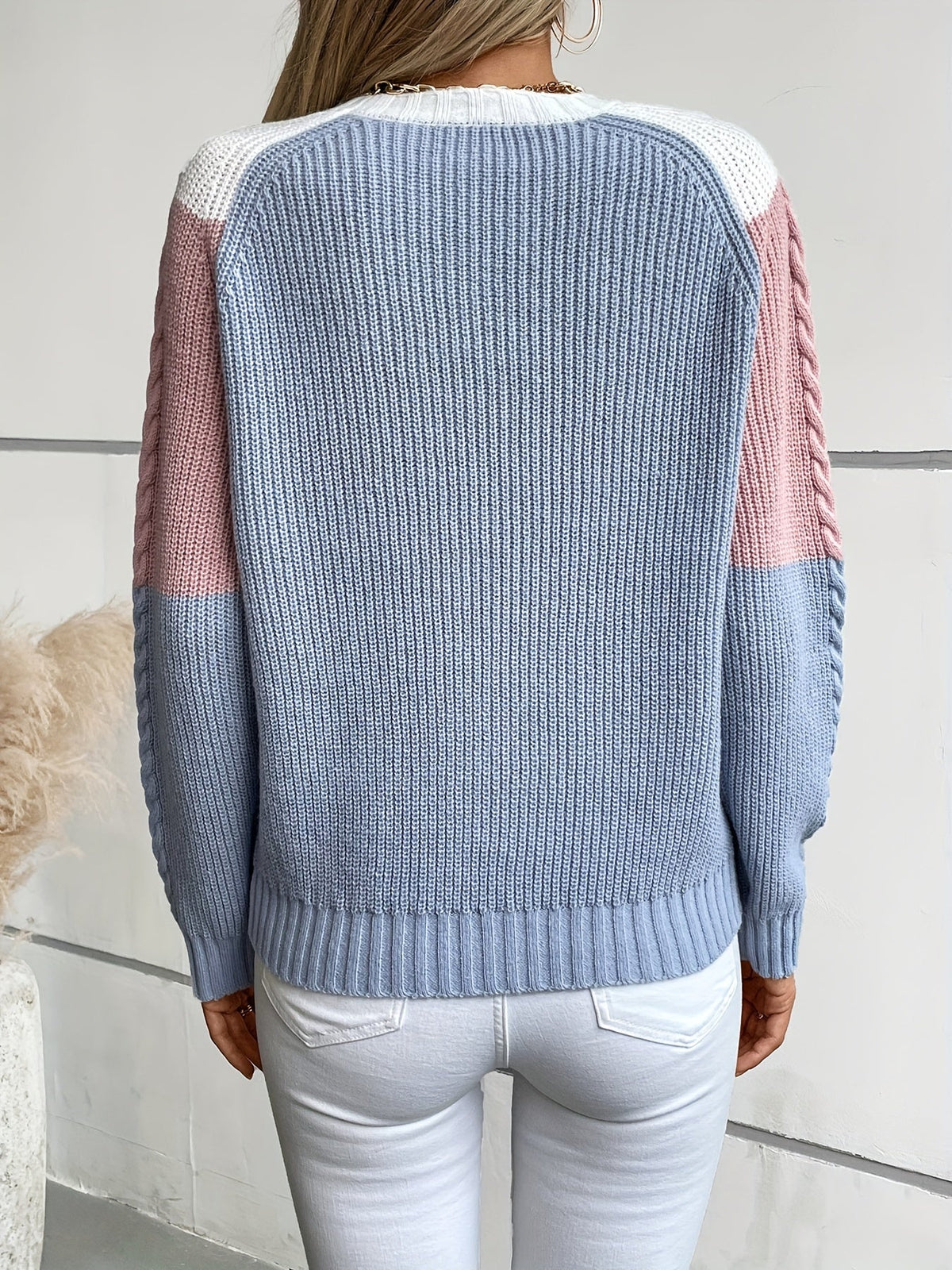 Women's Colorblock Sweater, Relaxed Crew Neck Knit Pullover, S-XL
