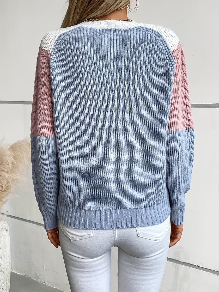 Women's Colorblock Sweater, Relaxed Crew Neck Knit Pullover, S-XL