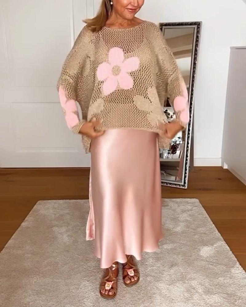 Bloom Crochet Top Floral Open Weave Long Sleeve