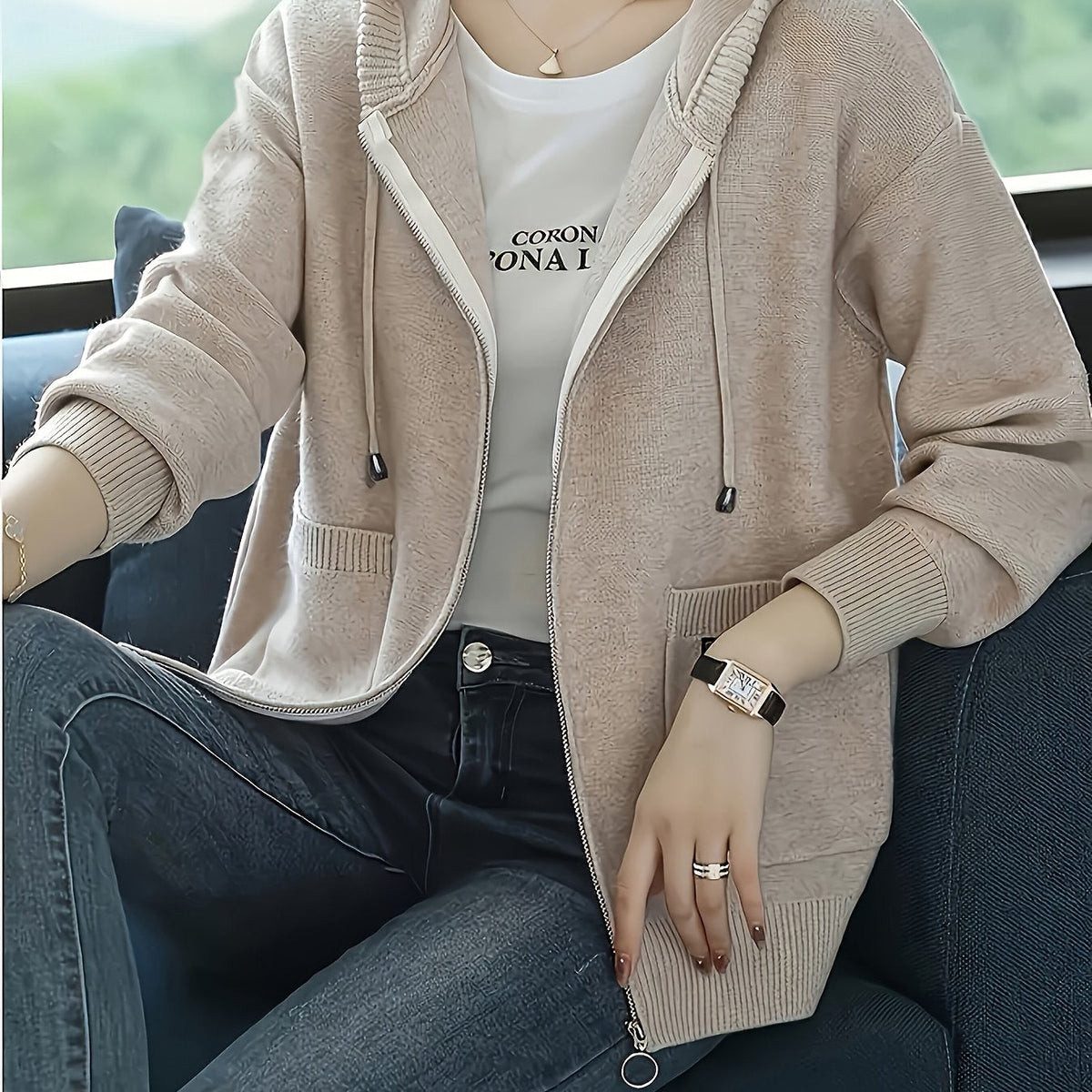 Women's Zip Up Hooded Cardigan, Lightweight Knit Hoodie with Pockets, S-L