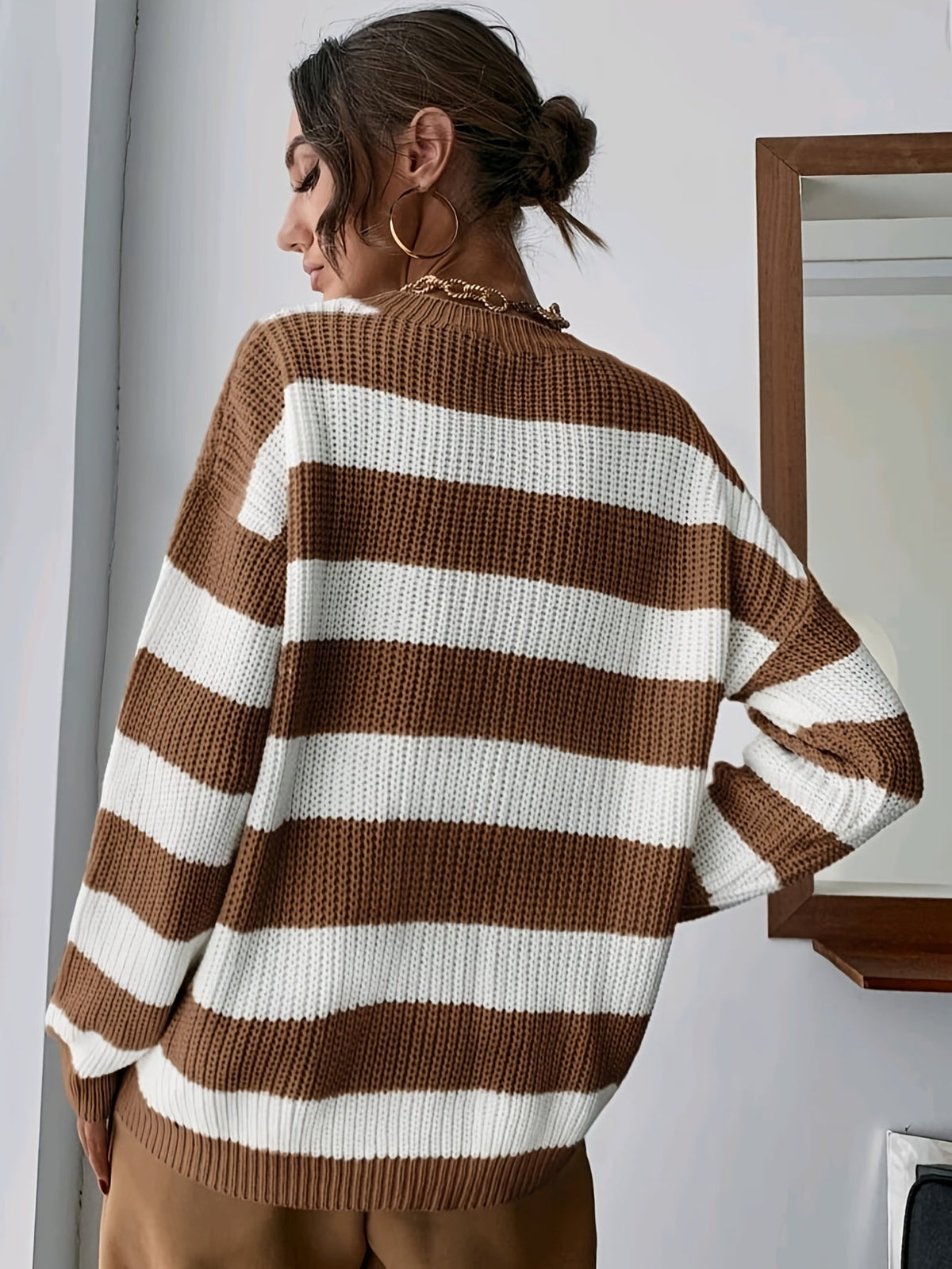 Women's Striped Sweater, Relaxed Drop Shoulder Knit Pullover, S-XL