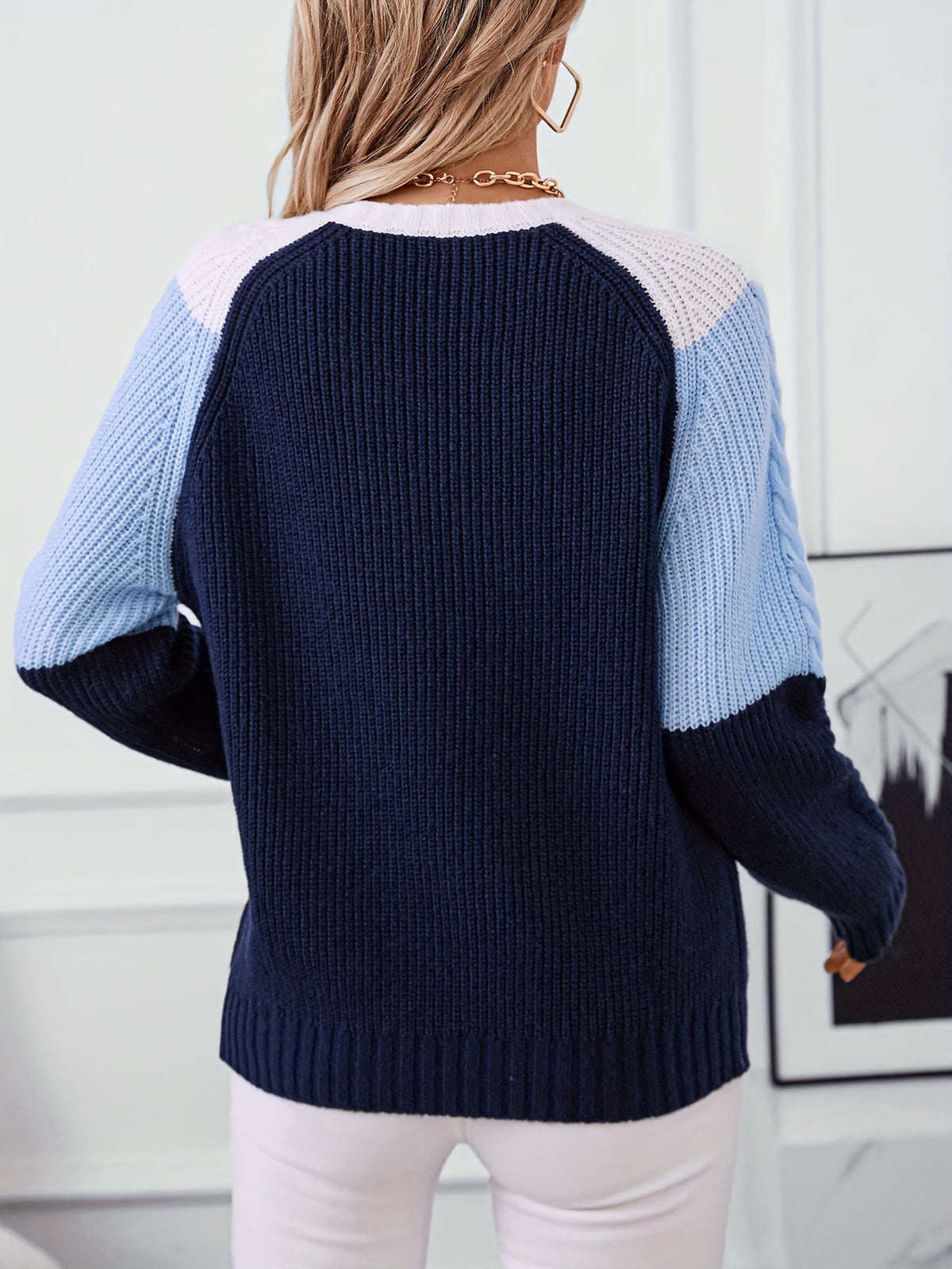 Women's Colorblock Sweater, Relaxed Crew Neck Knit Pullover, S-XL