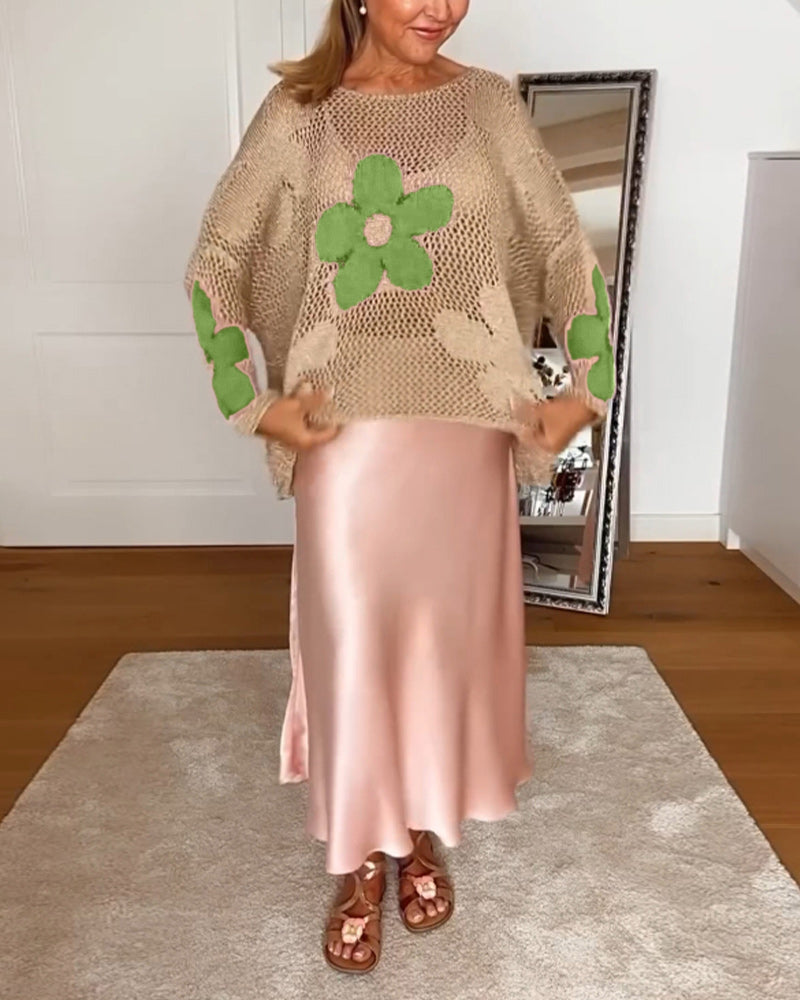 Bloom Crochet Top Floral Open Weave Long Sleeve