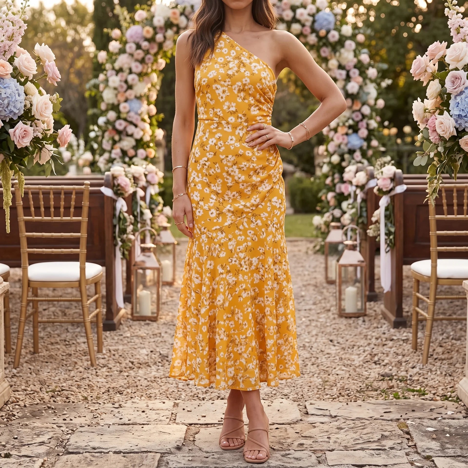 Women's One Shoulder Maxi Dress, Floral Wedding Guest Dress, S-XL