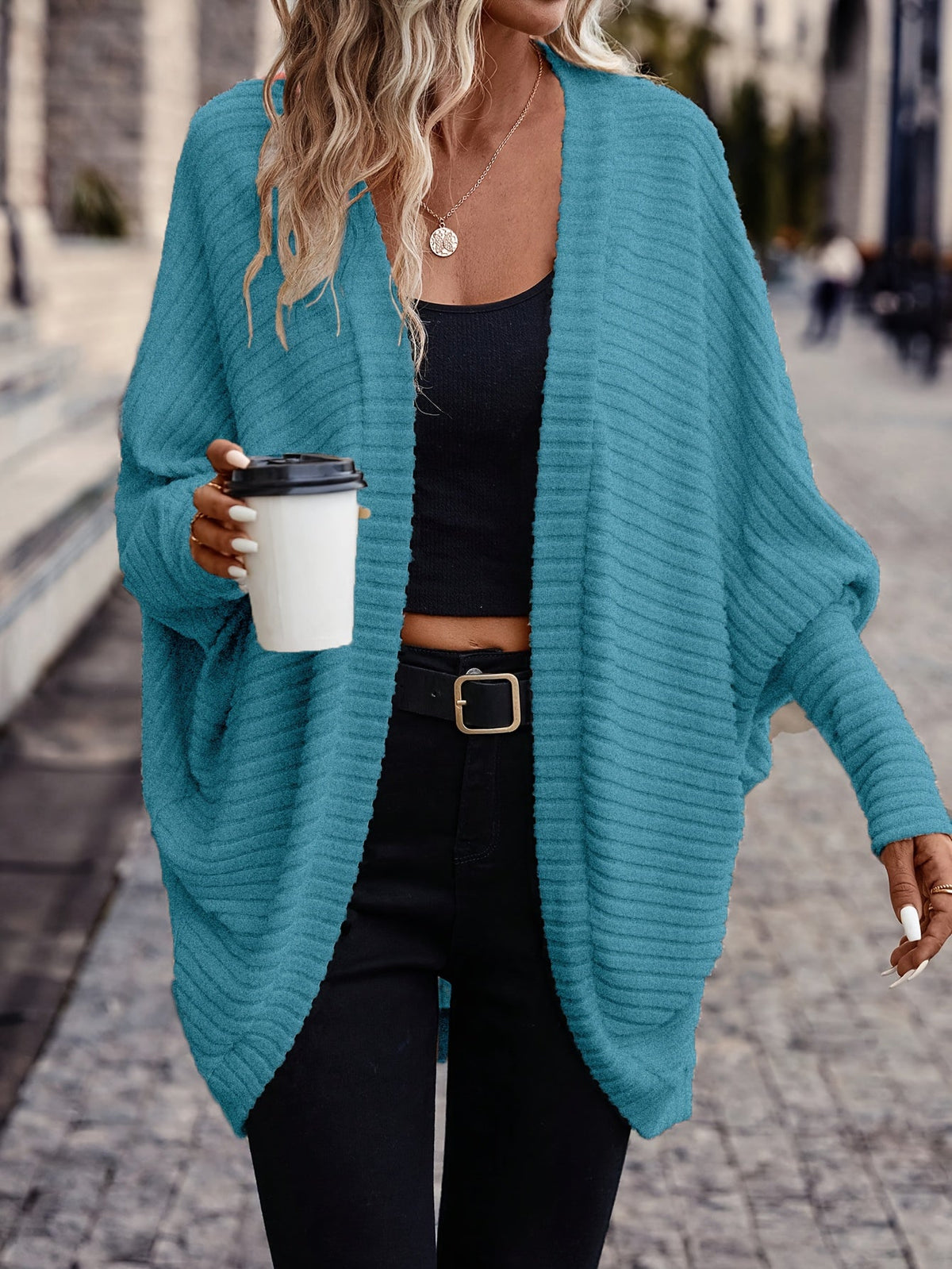 Women's Open Front Cardigan, Ribbed Knit Layering Cardigan