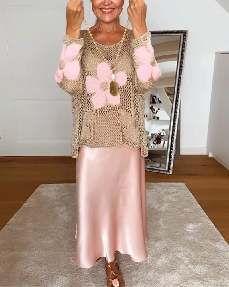 Bloom Crochet Top Floral Open Weave Long Sleeve