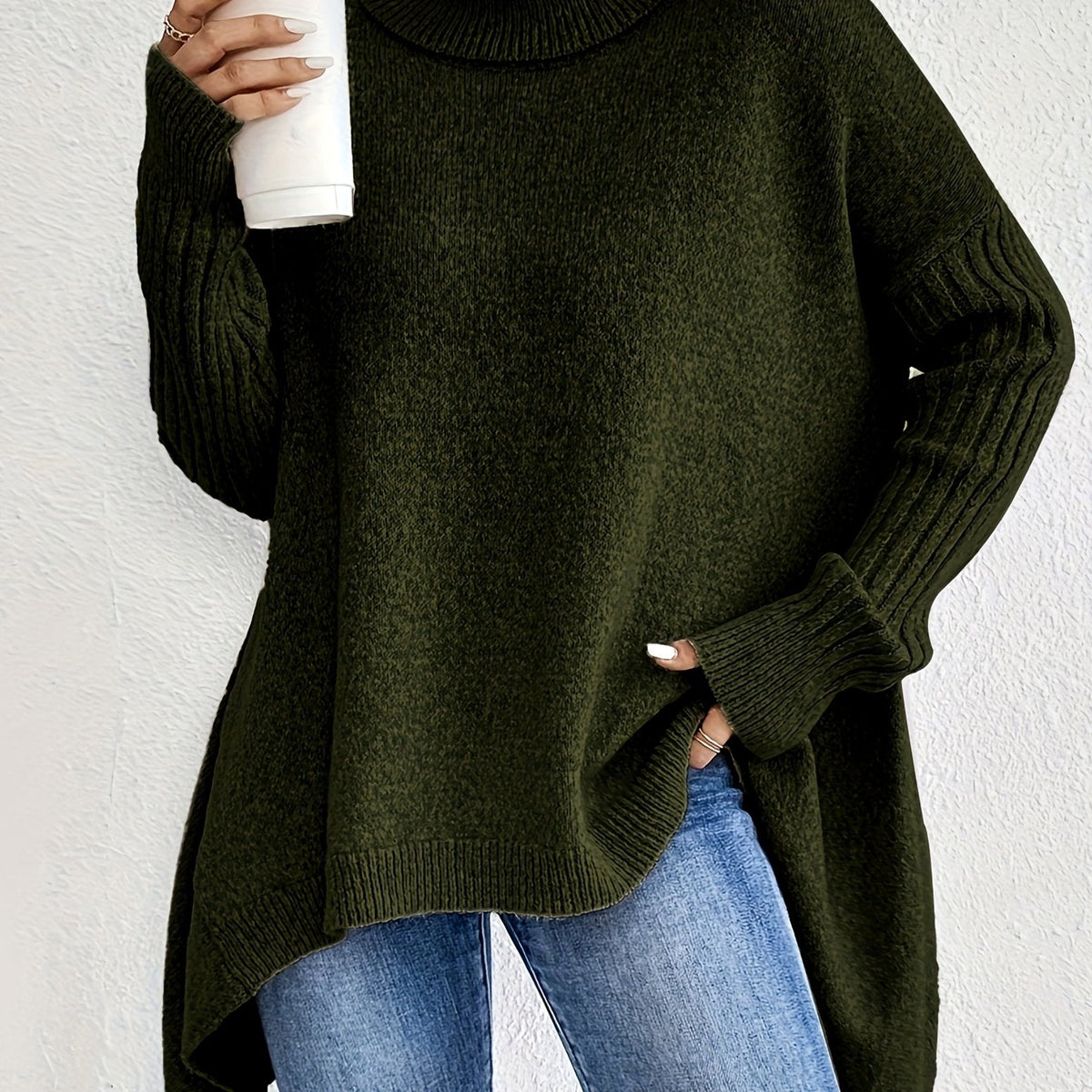 Women's Turtleneck Sweater, Relaxed High Neck Knit, S-2XL