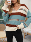 Women's V Neck Sweater, Colorblock Striped Knit Pullover, S-2XL
