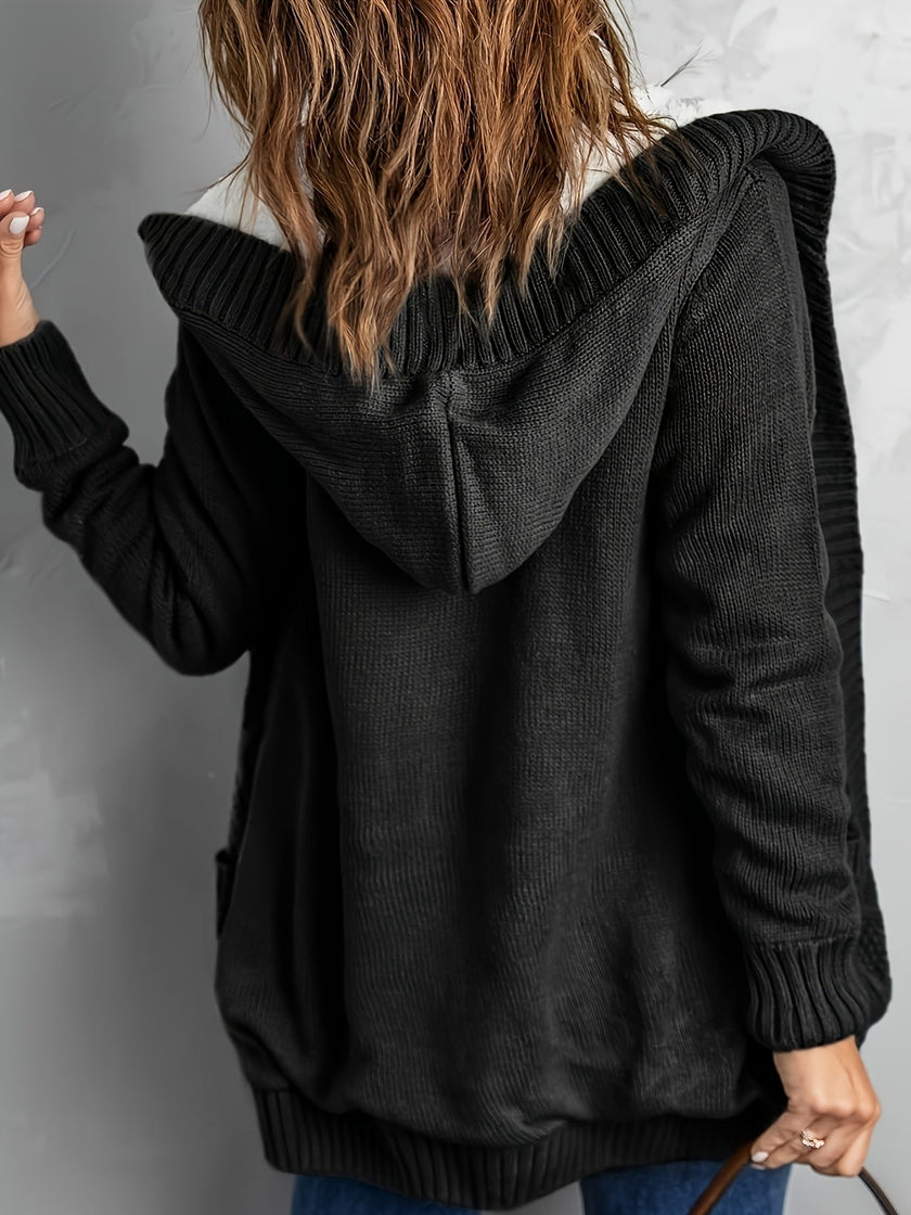 Women's Hooded Cardigan, Plush Lined Button Front Cardigan with Pockets, S-L