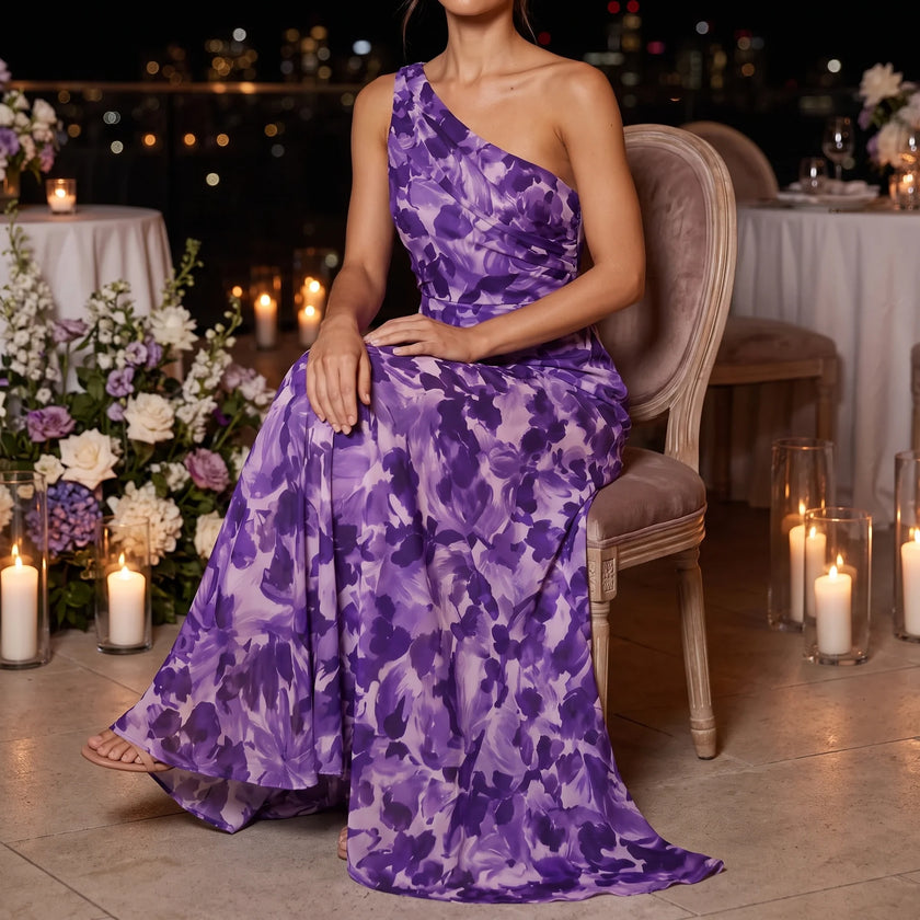 Women's One Shoulder Maxi Dress, Floral Wedding Guest Dress, S-XL