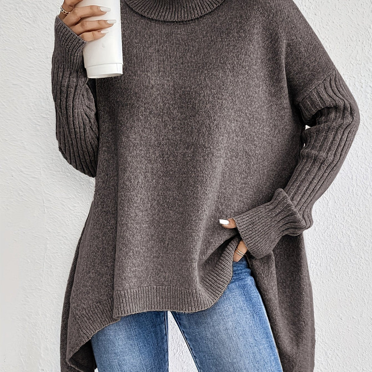 Women's Turtleneck Sweater, Relaxed High Neck Knit, S-2XL