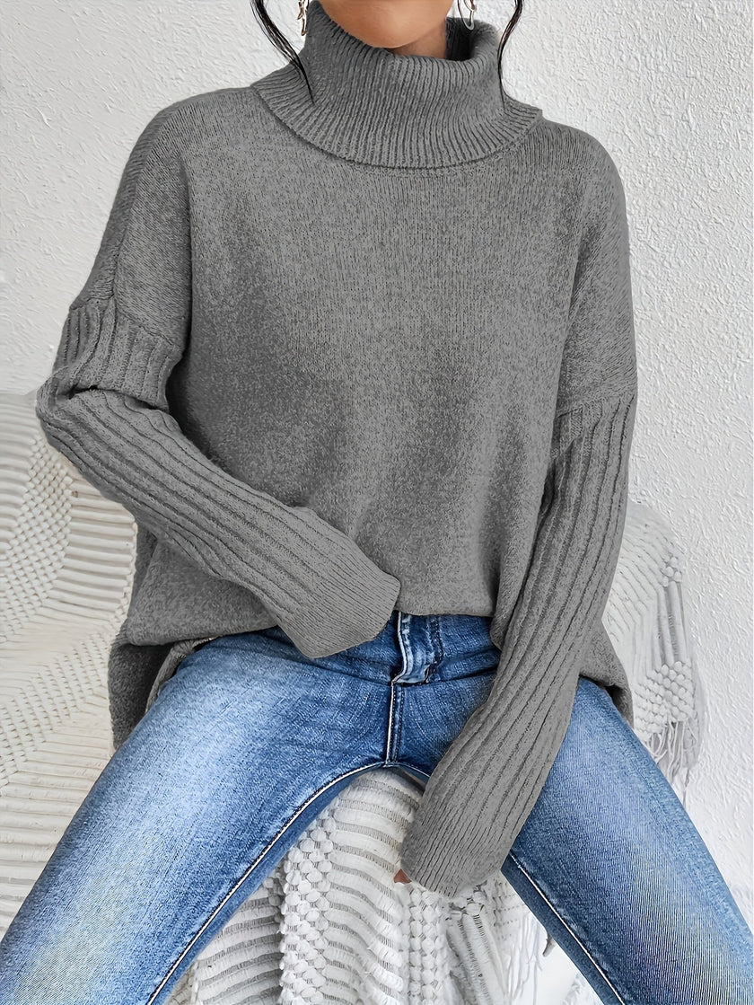 Women's Turtleneck Sweater, Relaxed High Neck Knit, S-2XL