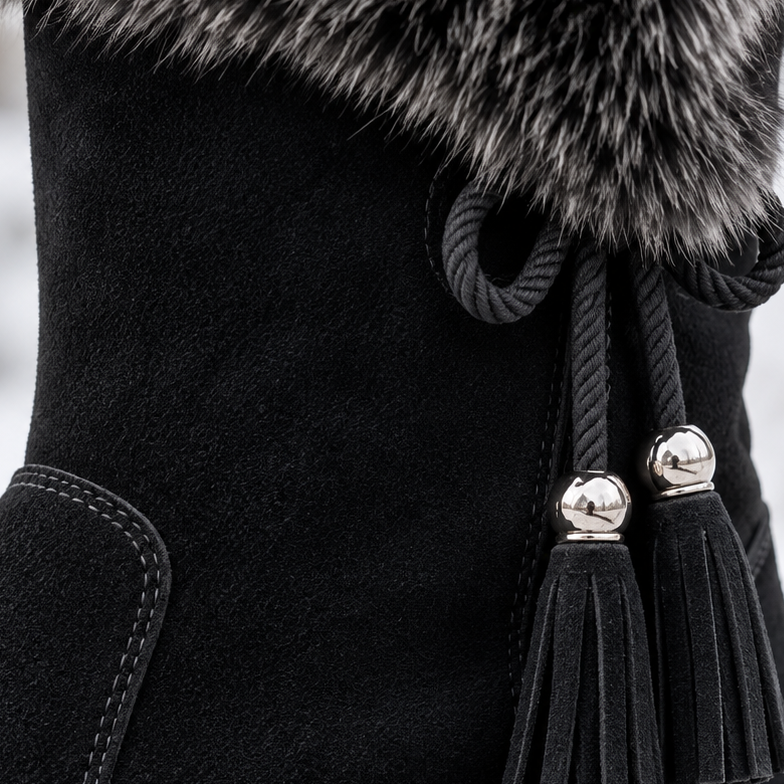 black fur boots for women, fleece lined mid calf winter boots