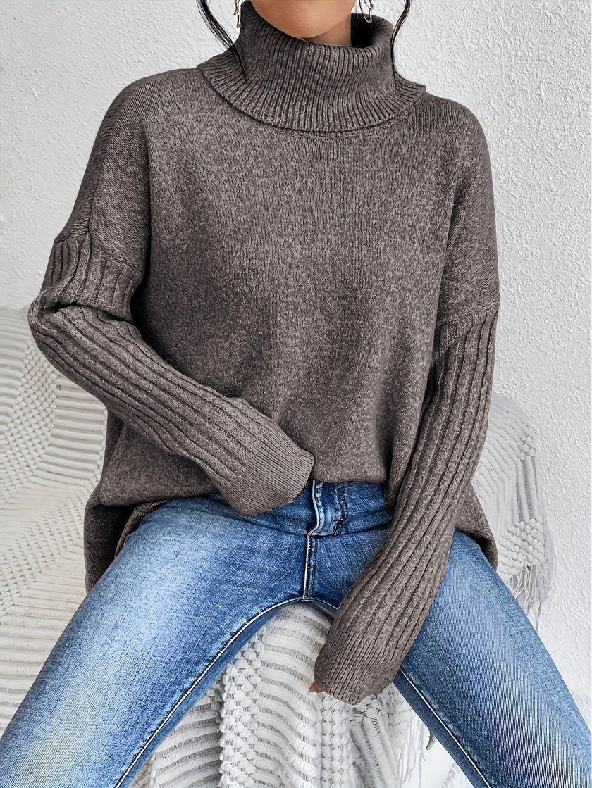 Women's Turtleneck Sweater, Relaxed High Neck Knit, S-2XL