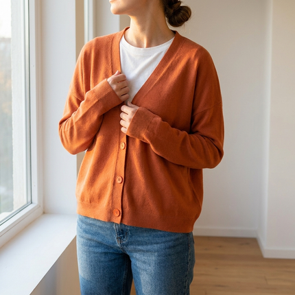 Soft knit cardigan wrapped closed in warm window light