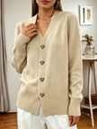 Women's Button Up Cardigan, V Neck Knit Cardigan with Heart Buttons, S-XL