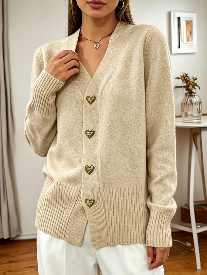 Women's Button Up Cardigan, V Neck Knit Cardigan with Heart Buttons, S-XL