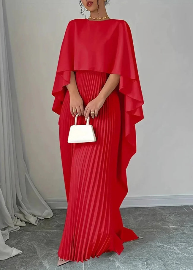 Women's Wedding Guest Dress, Pleated Cape Sleeve Maxi, S-2XL
