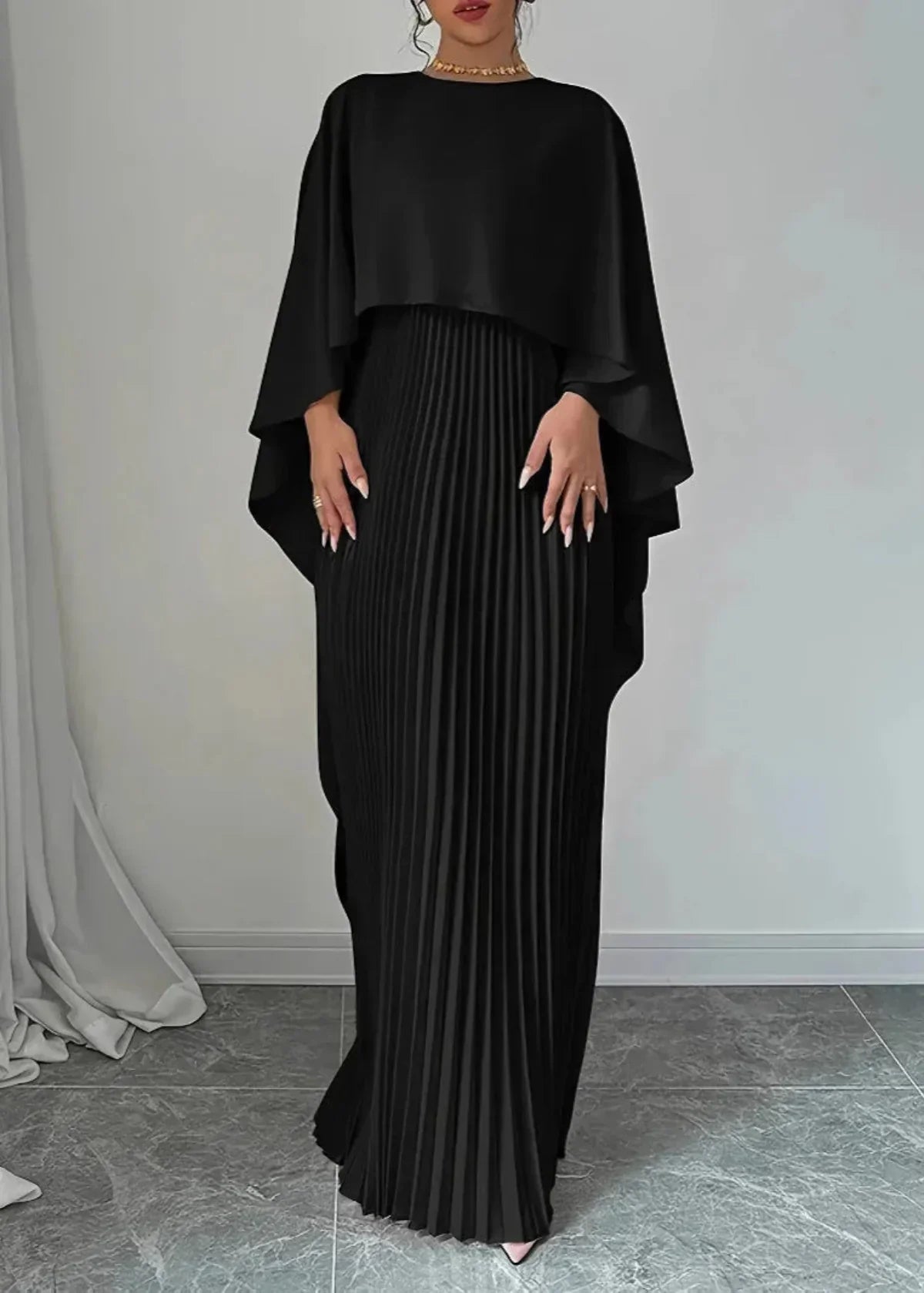 Makayla | Women’s Wedding Guest Pleated Cape Maxi Dress