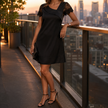 Lace sleeve mini dress for women with an asymmetric neckline