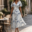 Flora Floral Wrap Dress Flutter Sleeve Midi Dress