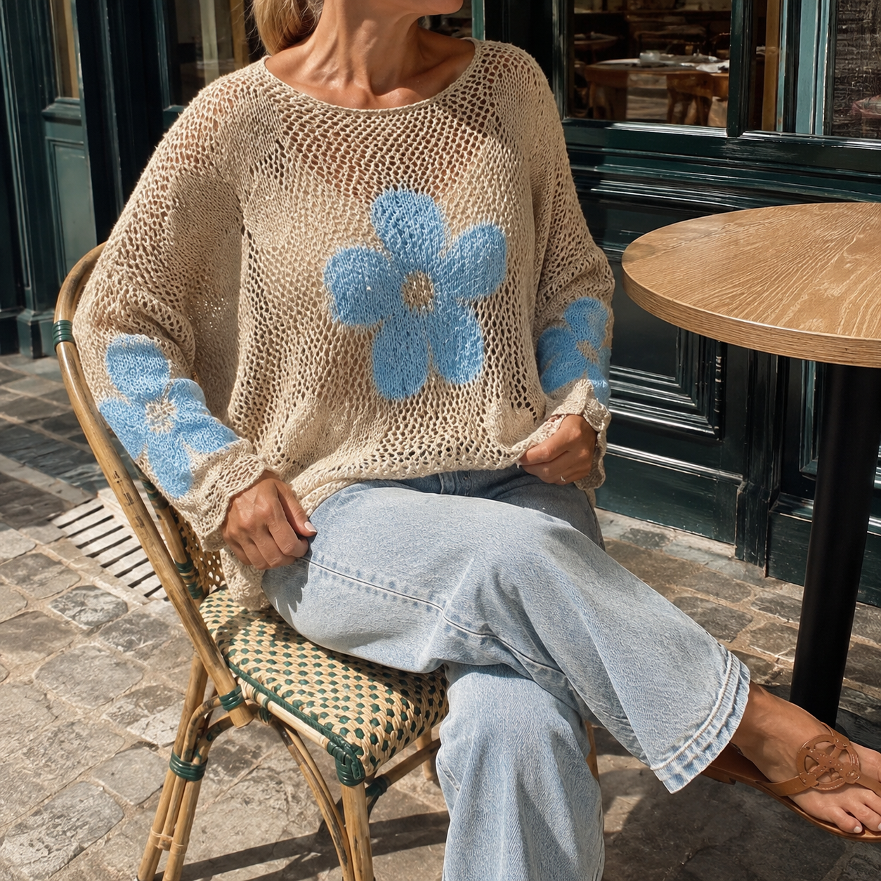 Bloom Crochet Top Floral Open Weave Long Sleeve