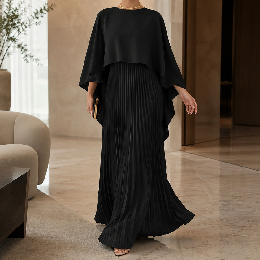 Makayla | Women’s Wedding Guest Pleated Cape Maxi Dress