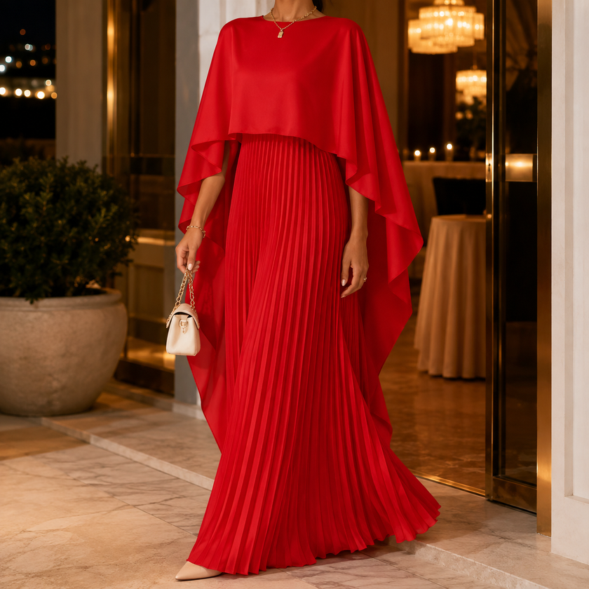 Makayla | Women’s Wedding Guest Pleated Cape Maxi Dress