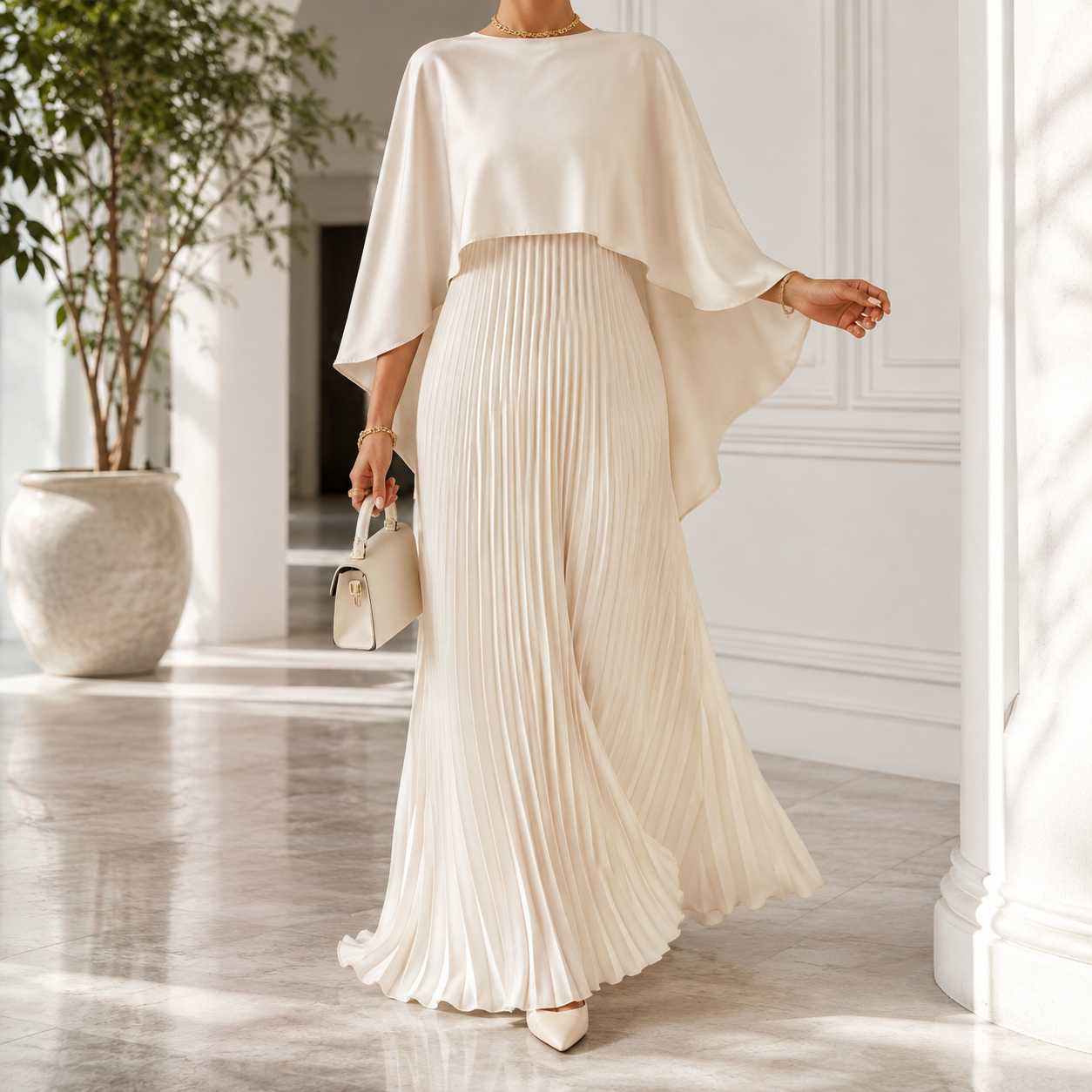 Makayla | Women’s Wedding Guest Pleated Cape Maxi Dress