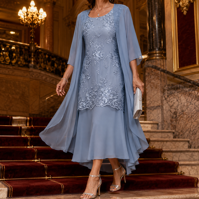 Women's Wedding Guest Dress, Sheer Sleeve Flowing Midi, Plus Size to 5XL