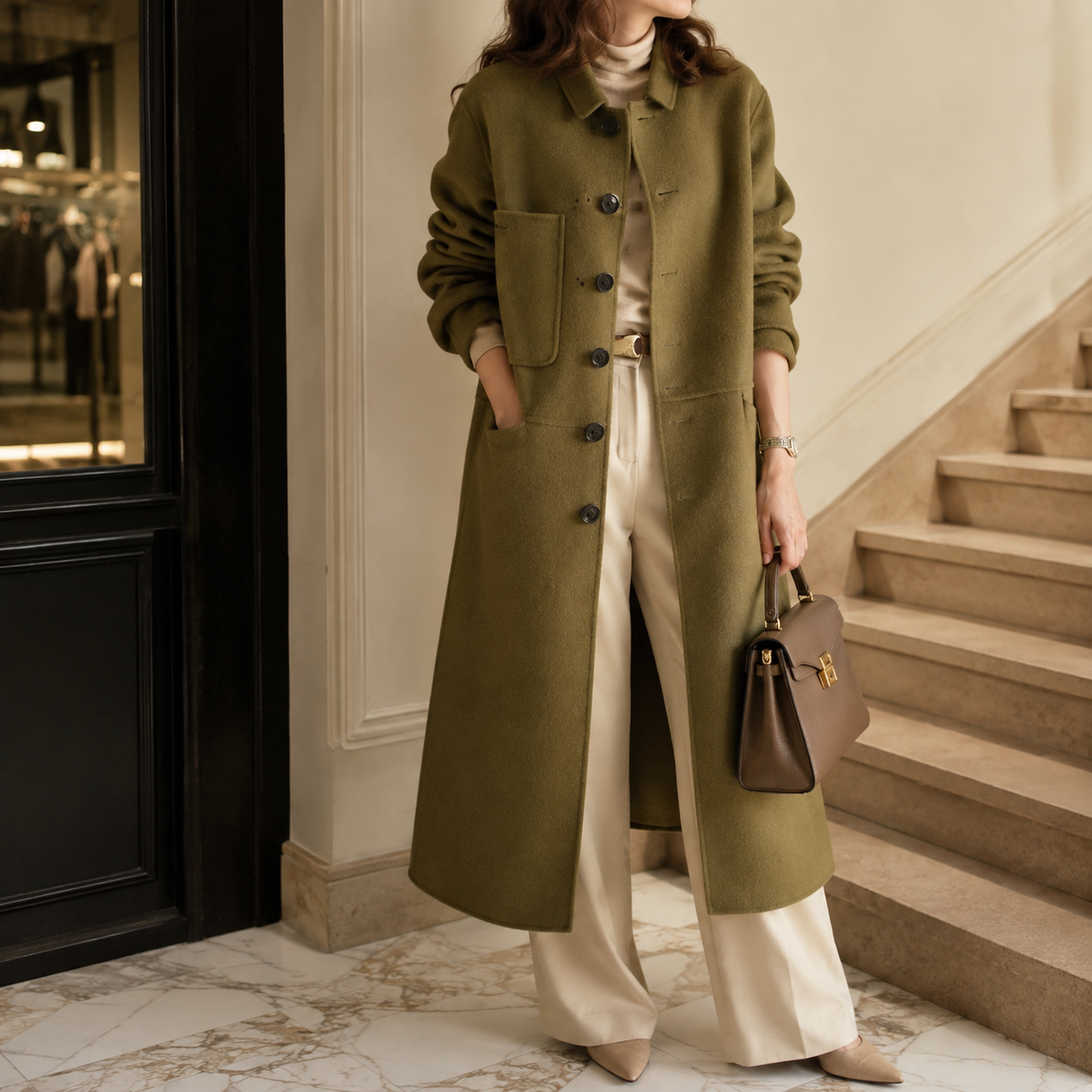 Long Button-Front Winter Coat