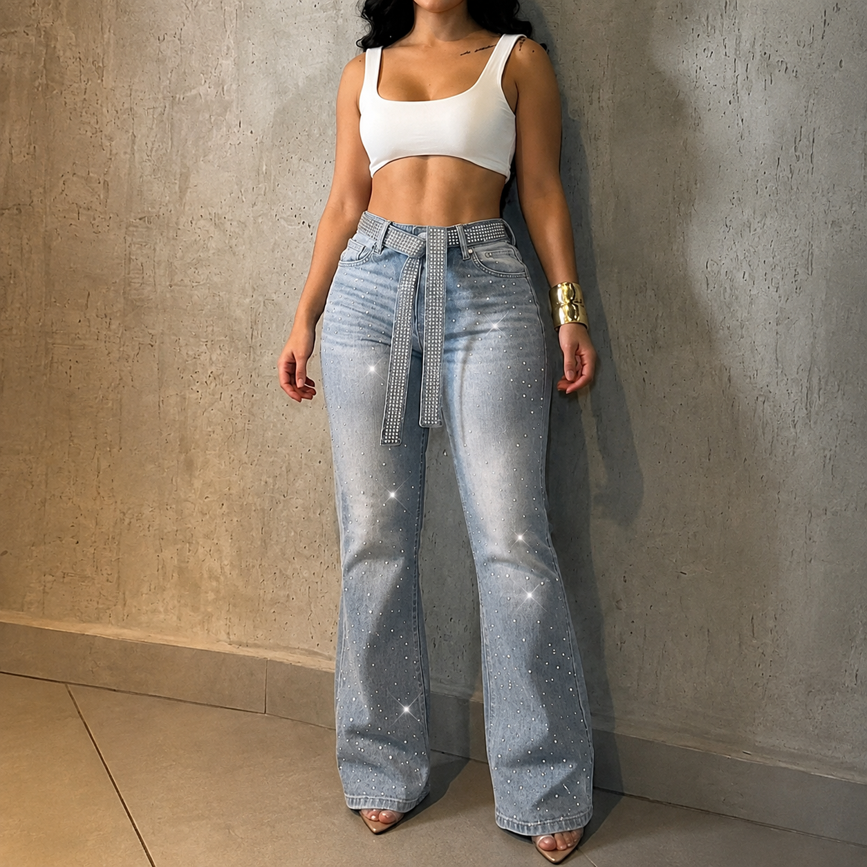 Rhinestone Flared Jeans