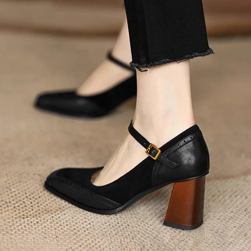 Constance Square Toe Block Heel Pumps Ankle Strap