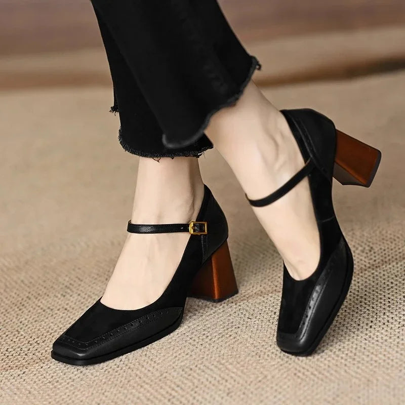Constance Square Toe Block Heel Pumps Ankle Strap