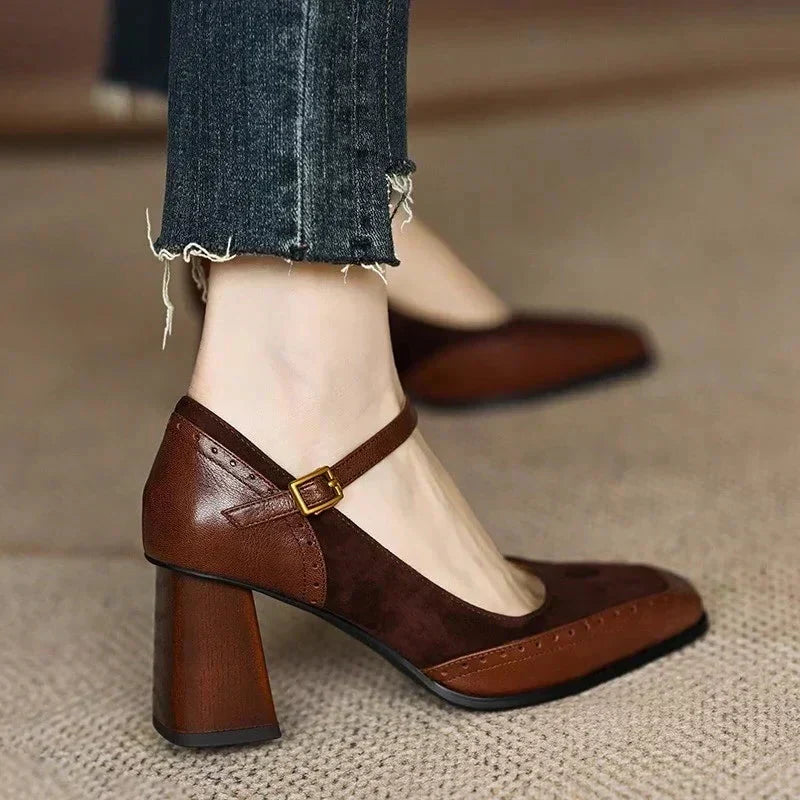 Constance Square Toe Block Heel Pumps Ankle Strap