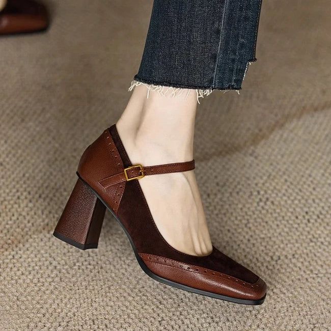 Women's Block Heel Pumps, Square Toe Ankle Strap Brogue Mid Heels